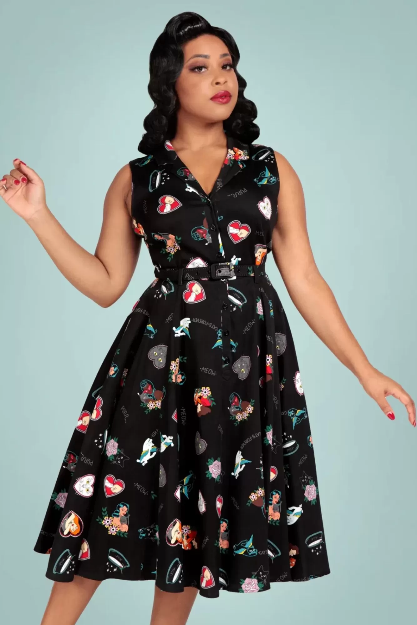 Sale Collectif Clothing Caterina Armelloses Cats Forever Swing Kleid In Schwarz