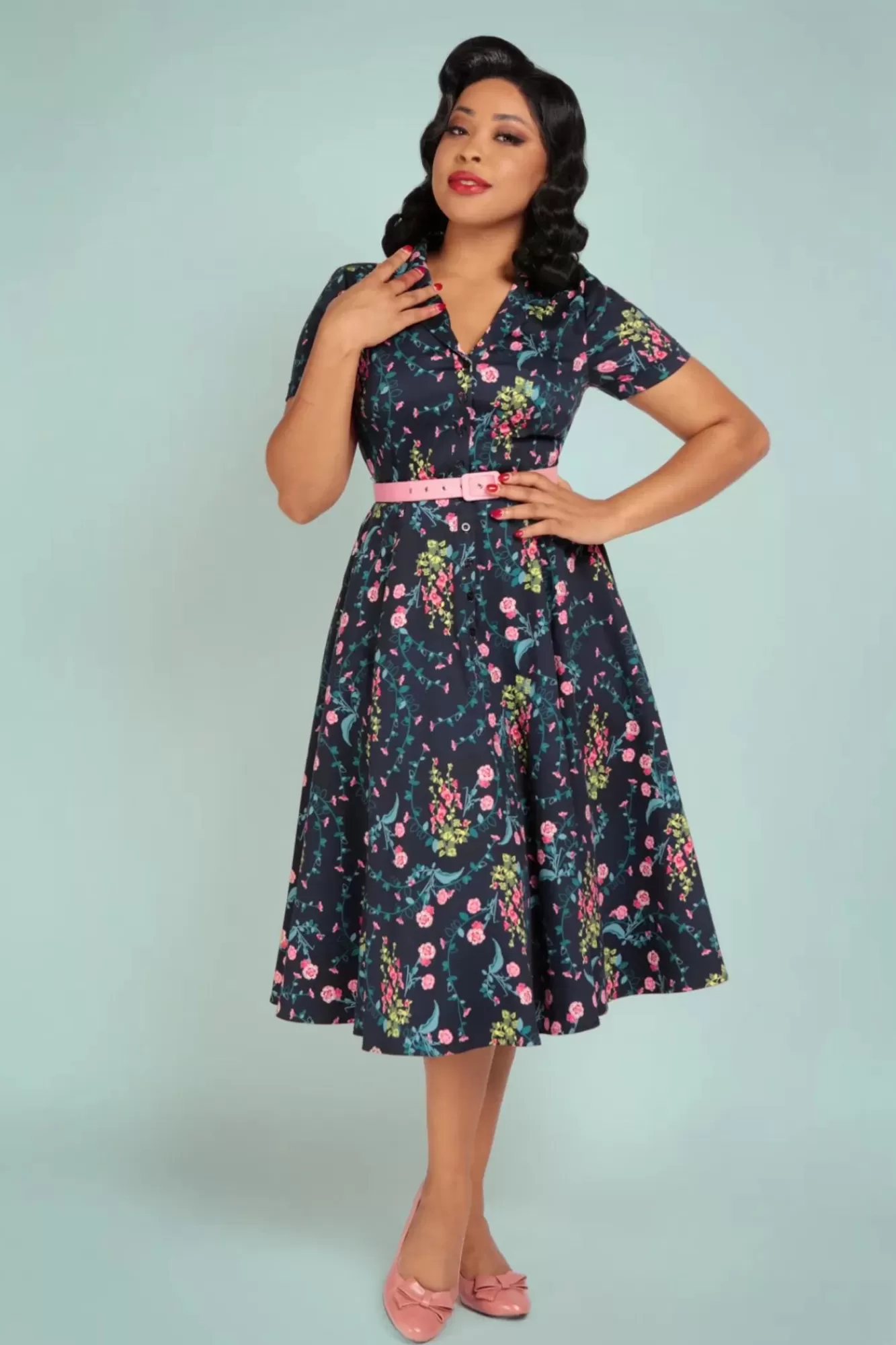 Outlet Collectif Clothing Caterina Hollyhocks Hurra Swing Kleid In Marineblau