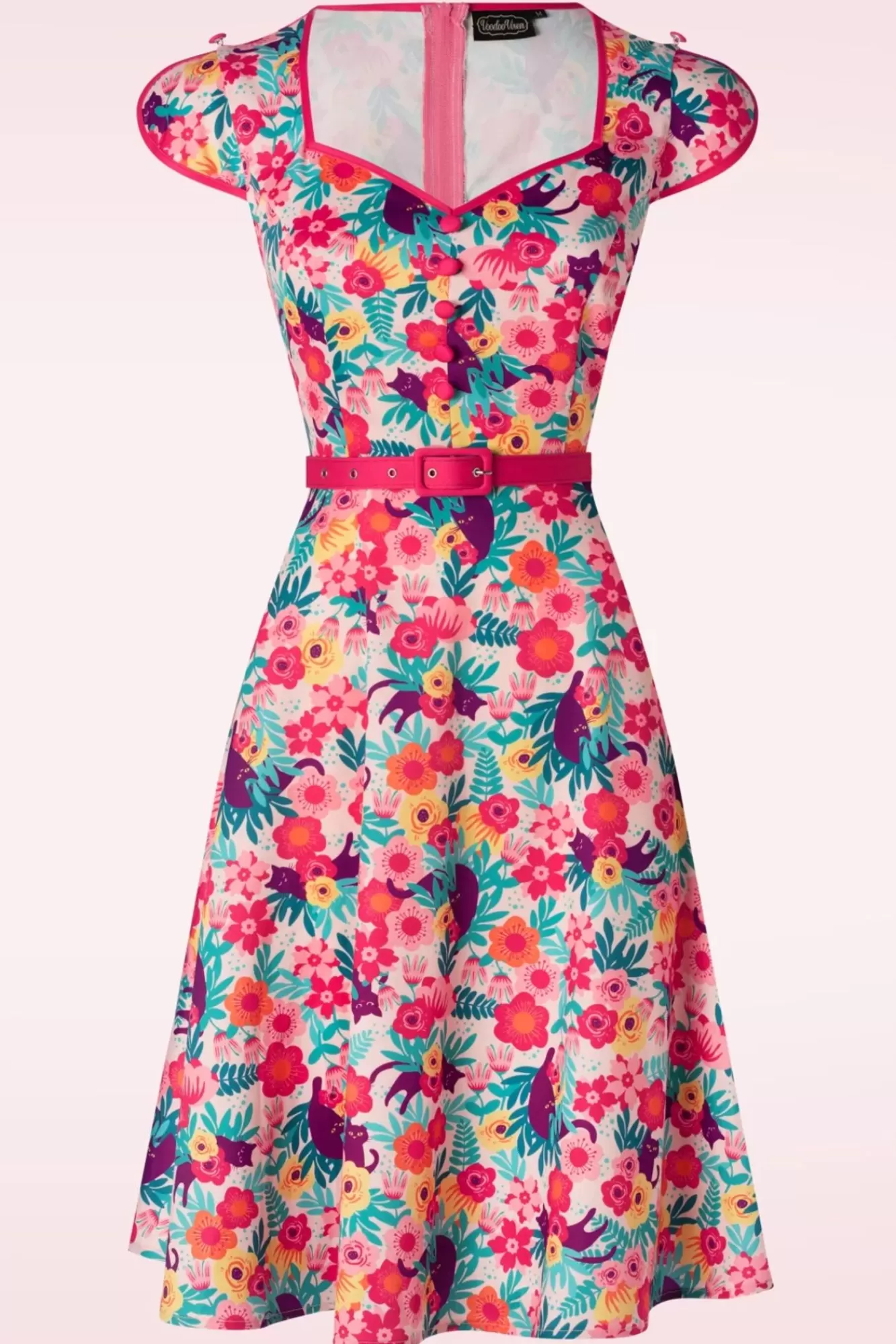 Shop Vixen Floral Cats Print Flare Kleid In Mlulti