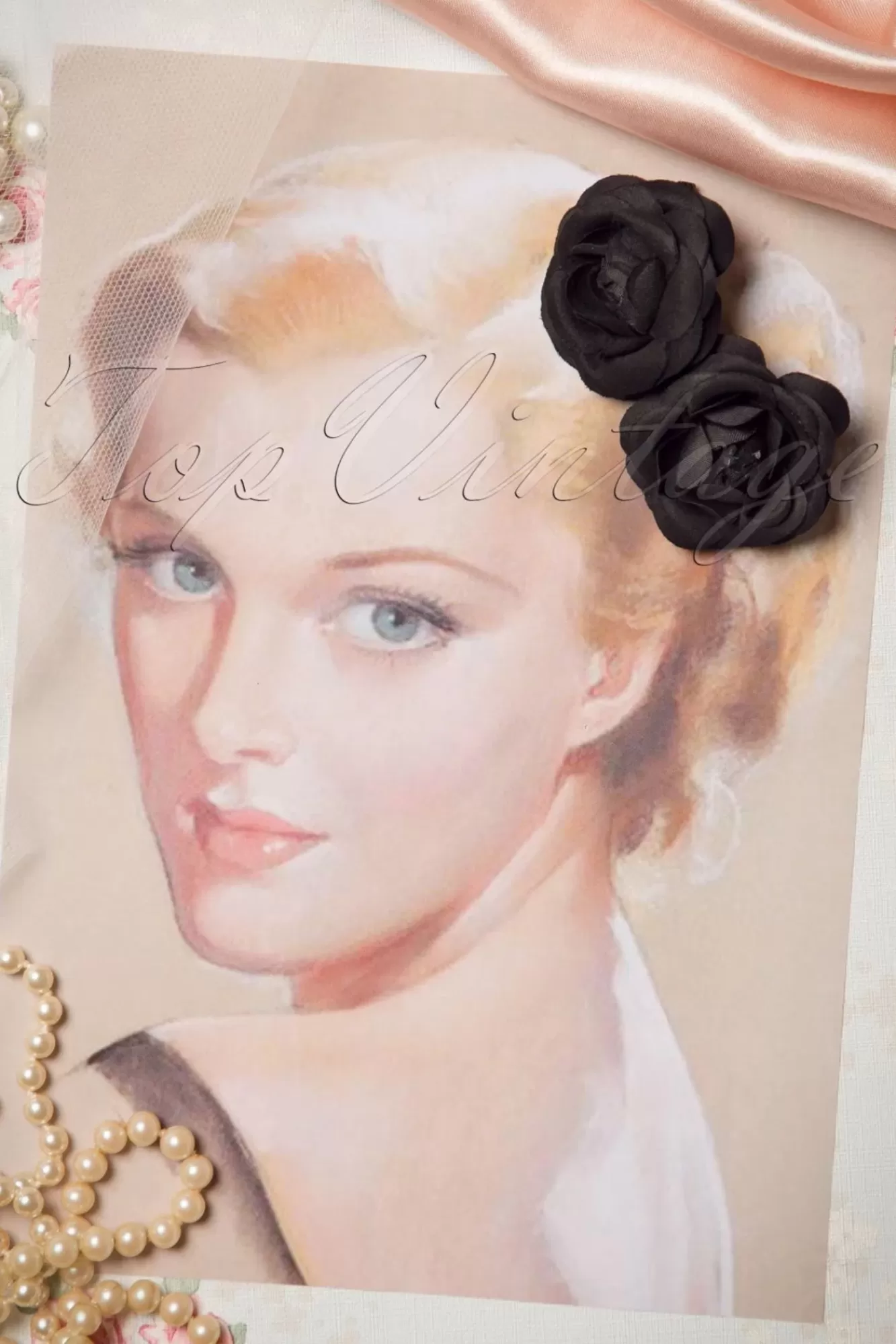 Online ZaZoo Pin-Up-Paar Schwarze Blumen-Haarspangen