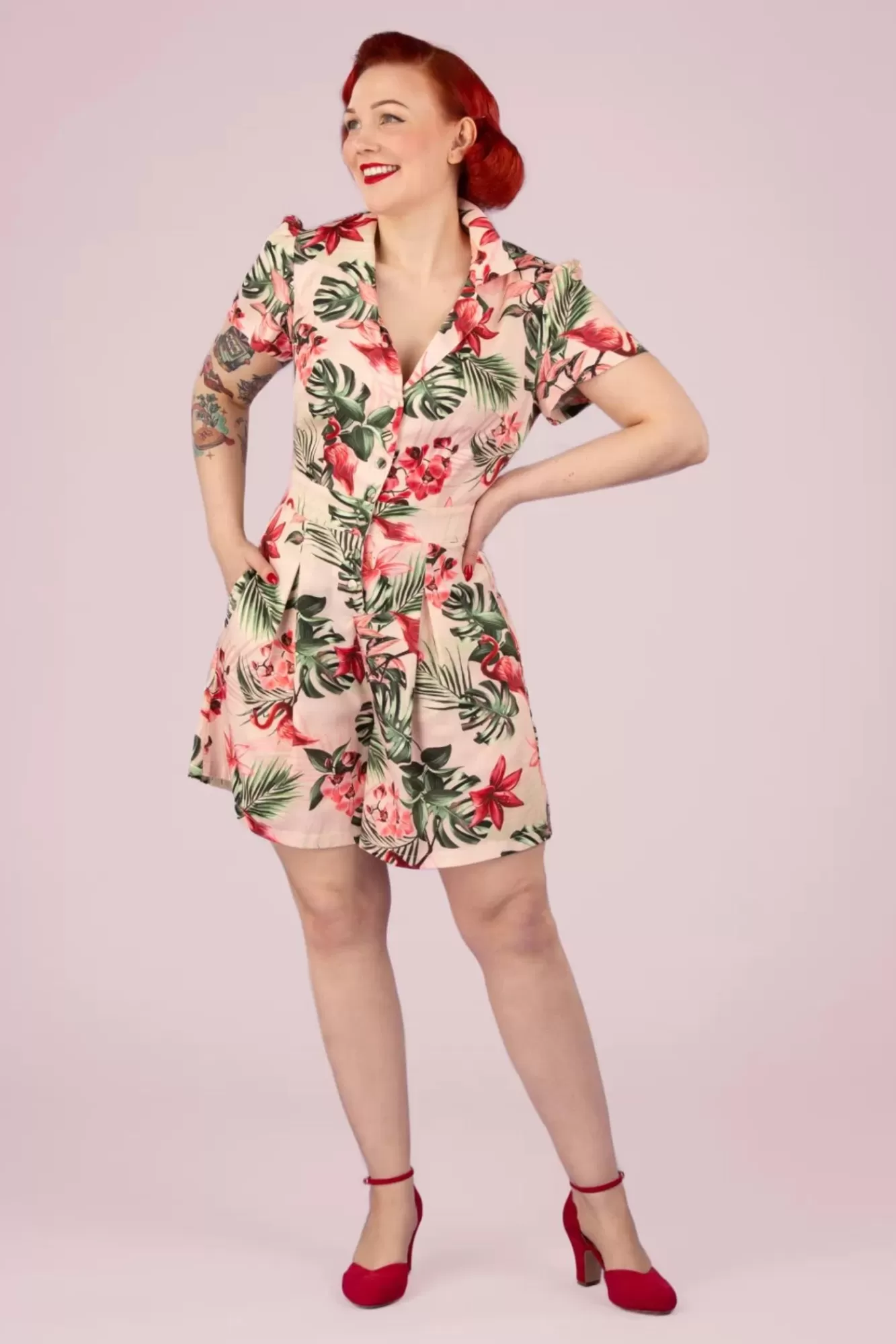 Discount Vixen Tropical Flamingo Playsuit Mit Knopfen In Hellrosa